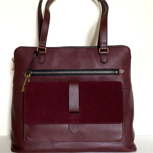 New Fossil Kinley Leather and Suede Shopper Tote Claret Red - Picture 2 of 7